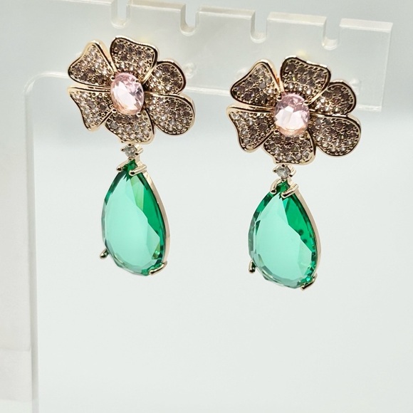 Floral Sparkle Pink & Green Teardrop Dangle Earrings- New! - Picture 2 of 5